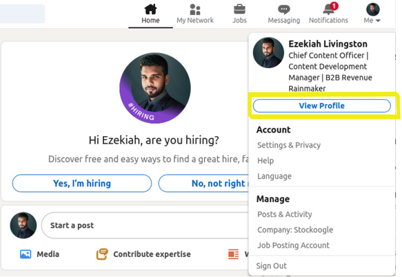1st Rank Brand Social 1st step to add promotion on your Linkedin Profle Go to View profile option