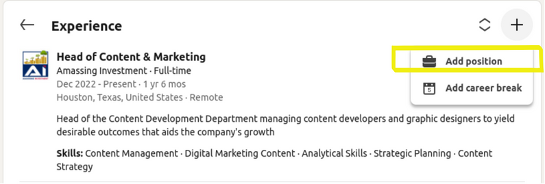 2nd Rank Brand Social 2nd step to add promotion on your Linkedin profile go to experience section click on + symbol and add position